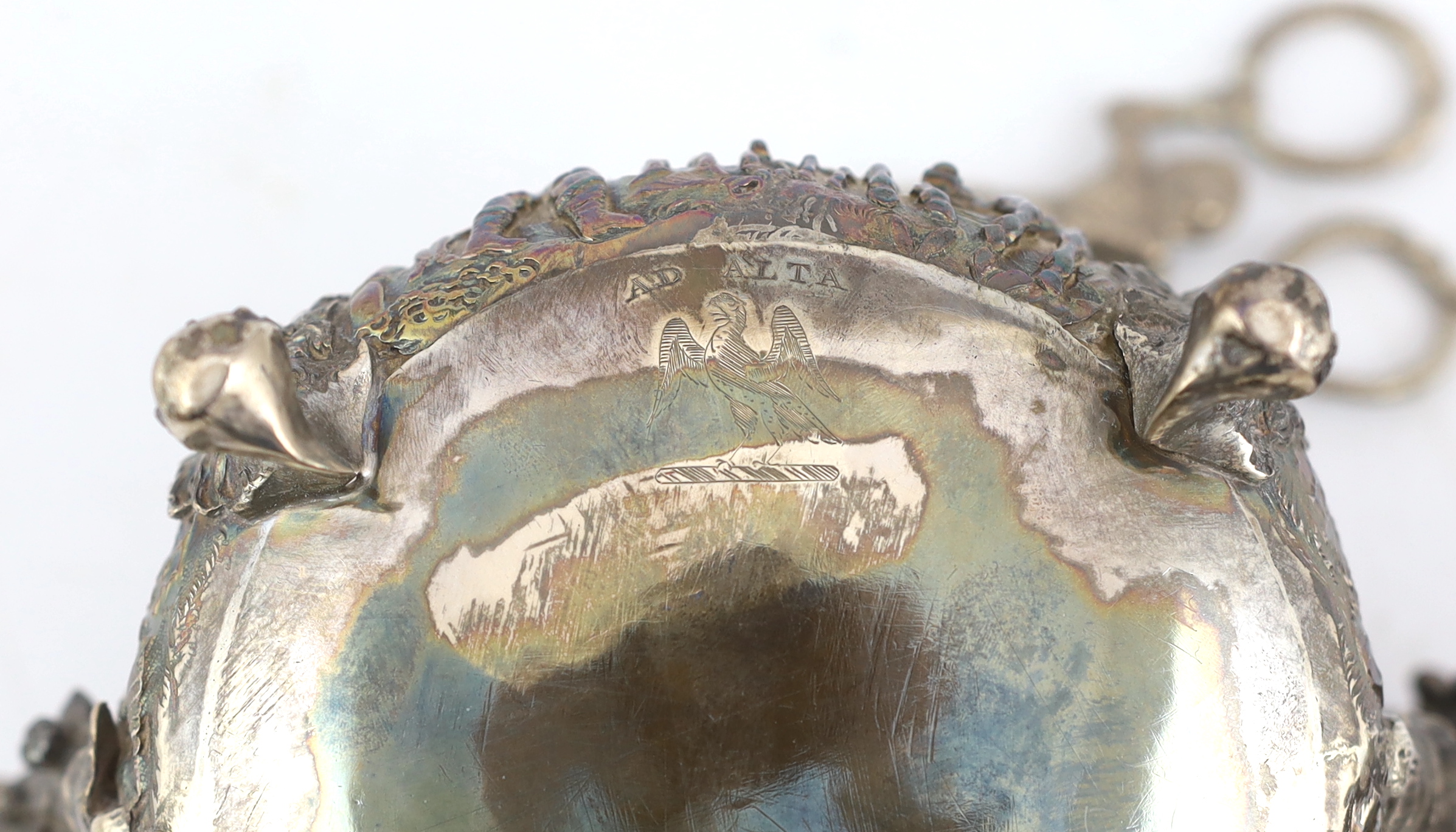 A George IV embossed silver sugar bowl and cream jug by Edward Farrell